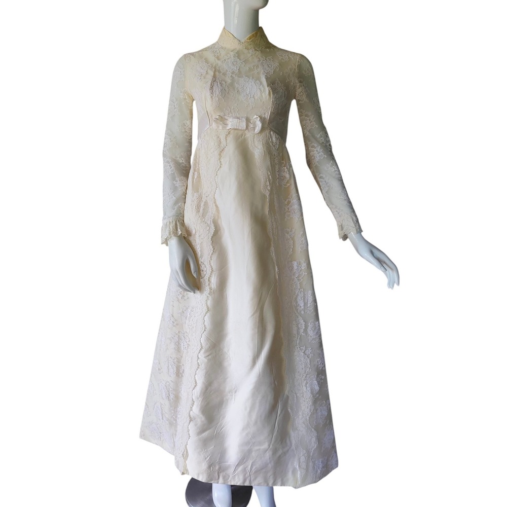 Vintage 1960s Ivory Wedding Dress Lace Duchess Empire Waist Bow XS Regency Mod